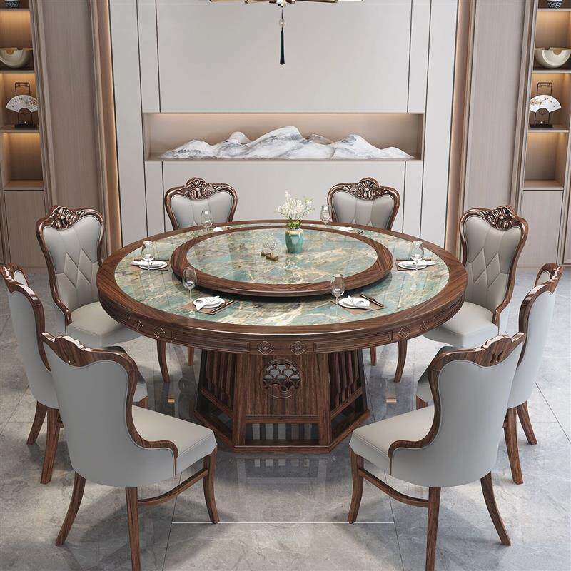 乌金木雕花实木岩板餐桌新中式吃饭大圆桌带转盘酒店餐厅餐桌椅子