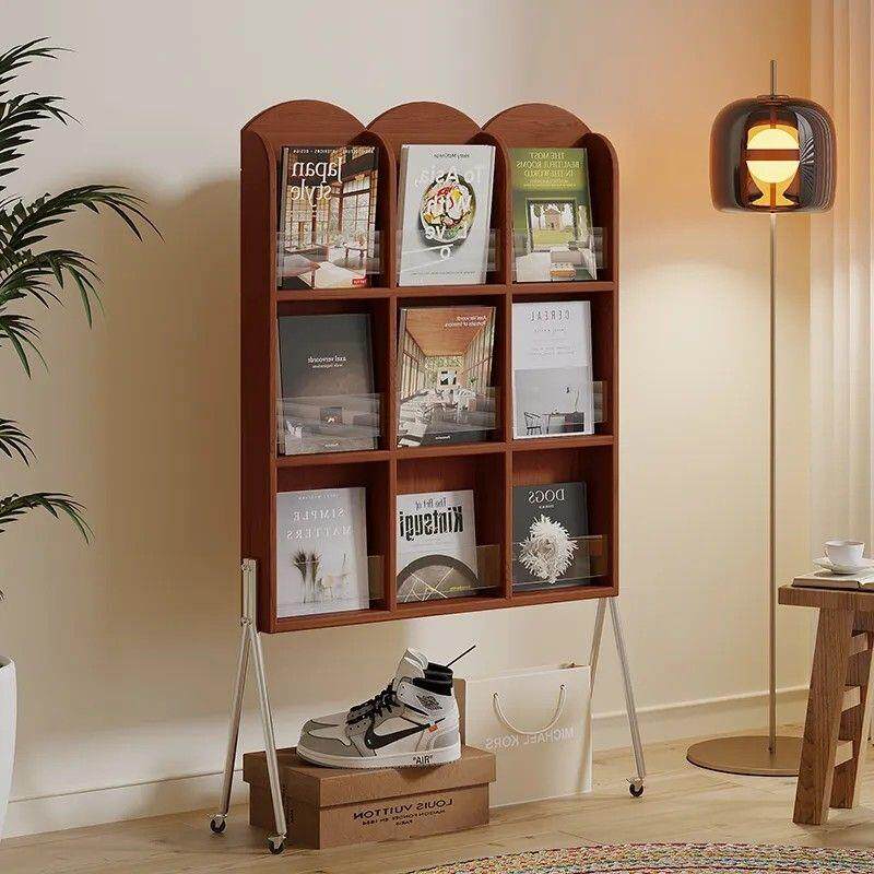 儿童绘本架实木展示架铁艺杂志架ins风 移动书架书报架中古置物架