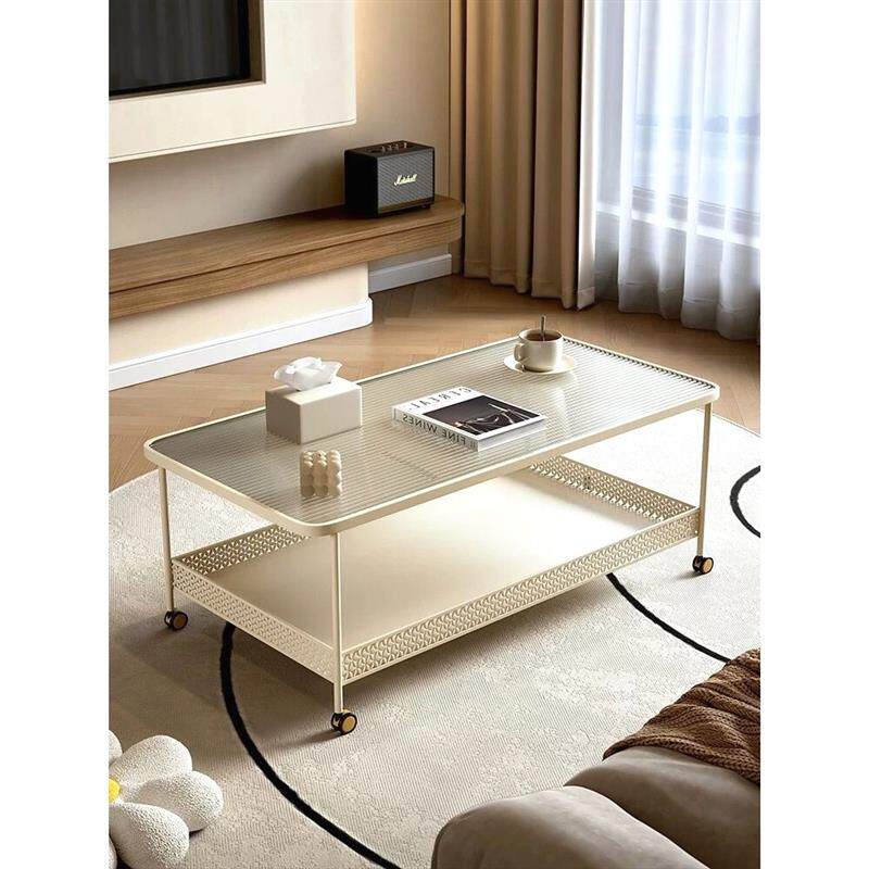 奶油风方形钢化玻璃茶几沙发小户型客厅家用现代简约可移动小推车