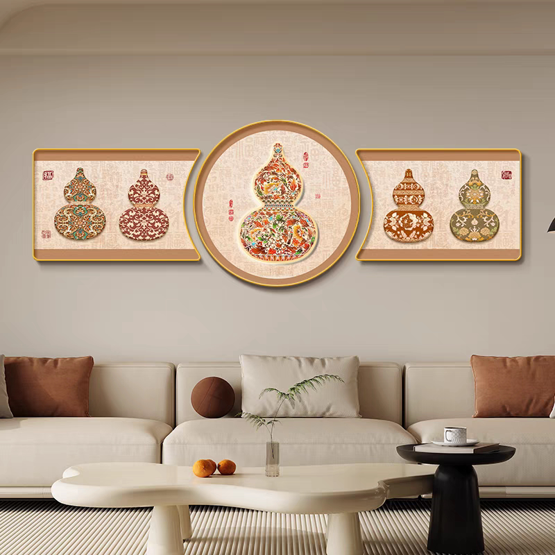 新中式葫芦客厅三联画喜上眉梢床头餐厅装饰画沙发后面背景墙挂画