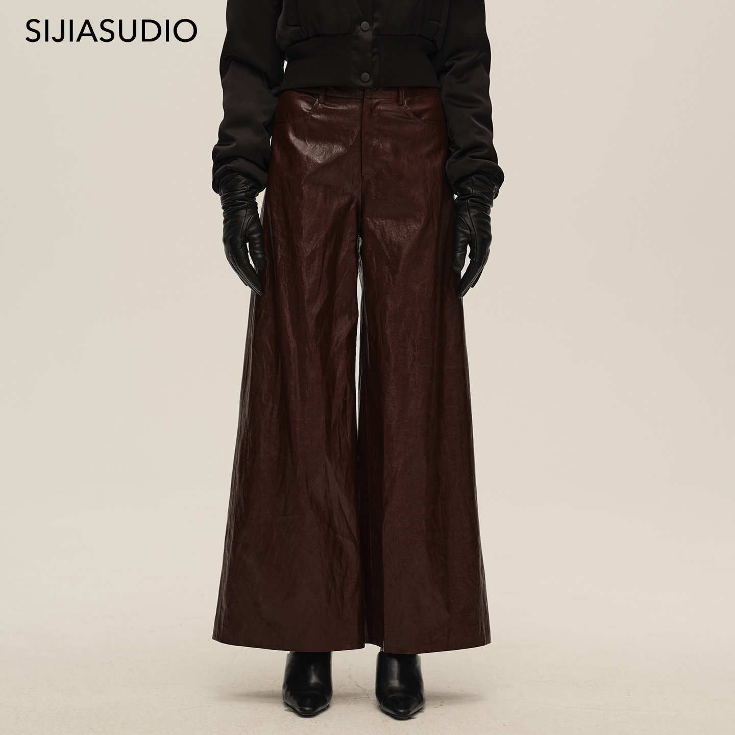 SIJIA 2025秋季新款时髦摩登蜡油红色直筒高腰皮裤,女装/女士精品,皮裤,淘宝优惠券,粉丝福利购,淘宝优惠卷