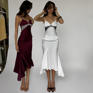 SylCue 婀娜多姿性感辣妹蕾丝拼接V领显瘦吊带背心包臀鱼尾裙套装