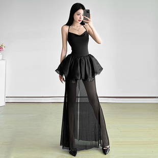 SylCue 暗黑系性感小魔女设计感假两件挂脖吊带连衣裙网纱长裙夏