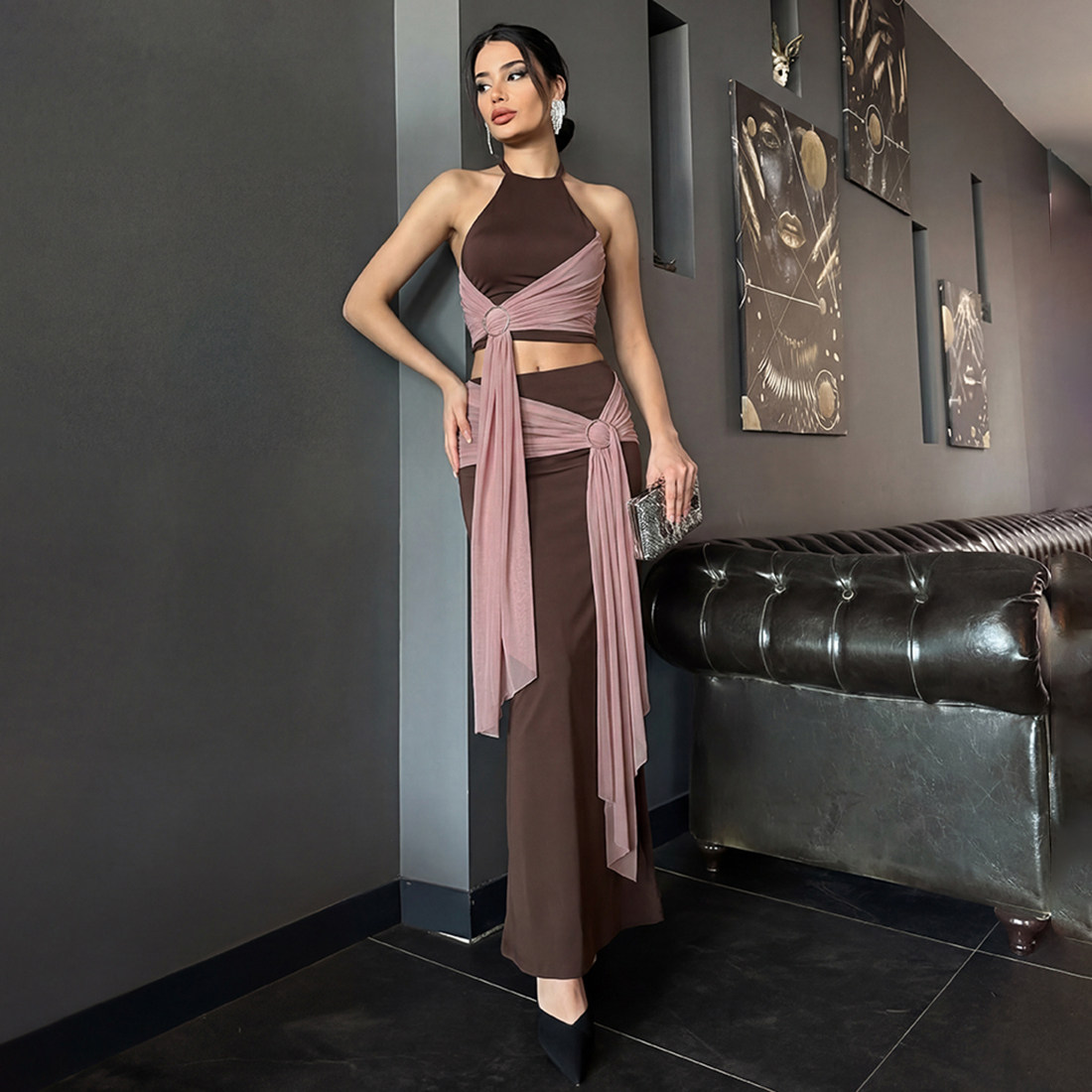 SylCue 复古欧美ins风撞色飘带拼接露背挂脖吊带包臀半身裙两件套,女装/女士精品,时尚套装,淘宝优惠券,粉丝福利购,淘宝优惠卷