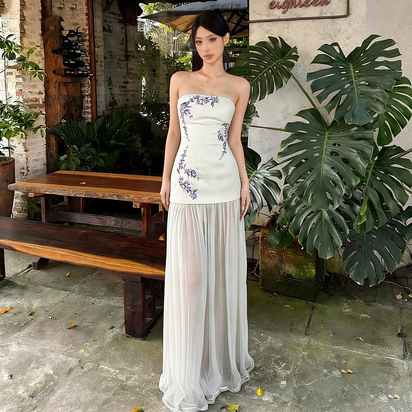 SylCue 东方美学植物印花收腰抹胸连衣裙女网纱拼接包臀修身长裙