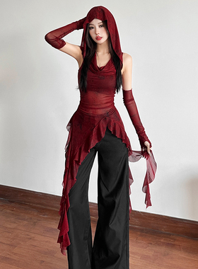 SylCue 万圣节cos红色荡领连帽t恤女荷叶边不规则带袖套显瘦上衣