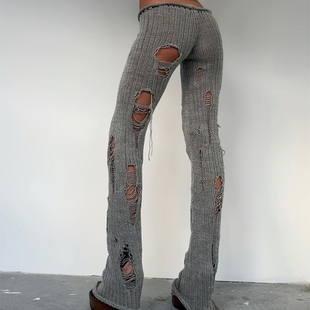 SylCue 时尚潮流前线ins风个性镂空针织休闲裤低腰紧身辣妹长裤女