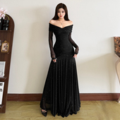 SylCue 御姐名媛高贵感亮闪闪一字肩连衣裙收腰显瘦垂感百搭长裙