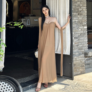 SylCue 百搭长裙 复古风网纱显瘦抹胸连衣裙飘带百搭飘逸辣妹夏季