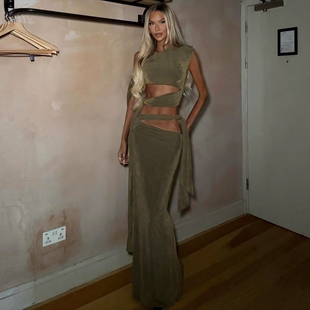 包臀长裙子夏季 连衣裙修身 御姐风显气场镂空绑带斜肩无袖 SylCue