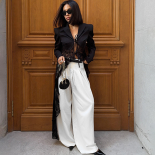 SylCue 欧美时尚个性辣妹黑色蕾丝拼接长袖t恤百搭显瘦不规则上衣