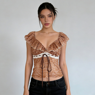 t恤系带蝴蝶结短上衣 浪漫少女感蕾丝荷叶边深V领短袖 SylCue 法式