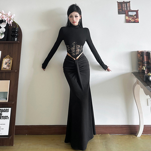 t恤高腰显瘦半身鱼尾裙套装 长袖 气质御姐黑色蕾丝拼接修身 SylCue