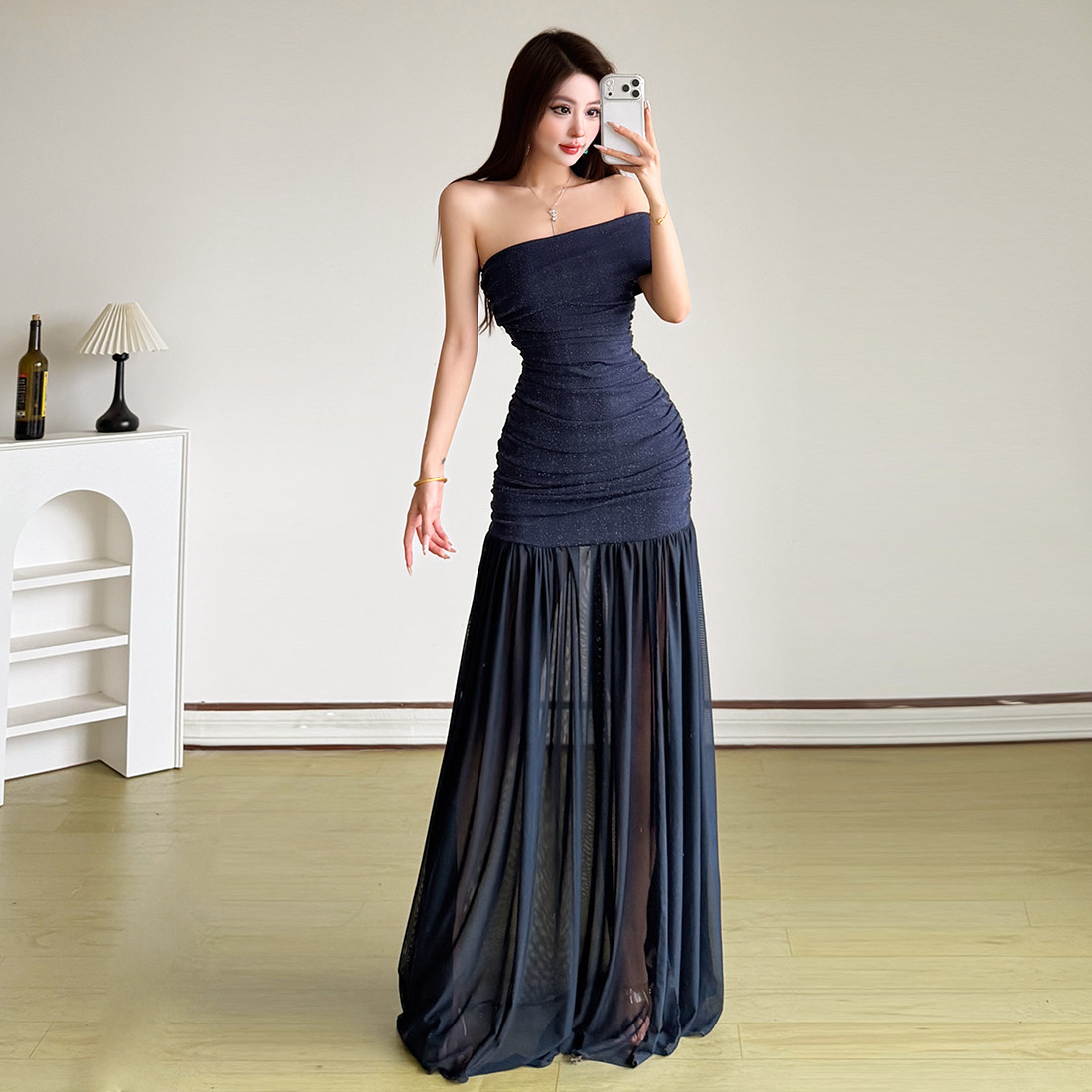 SylCue 钓系御姐风褶皱修身显瘦抹胸连衣裙网纱收腰修身气质长裙