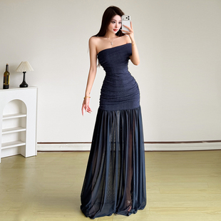 气质长裙 显瘦抹胸连衣裙网纱收腰修身 SylCue 钓系御姐风褶皱修身