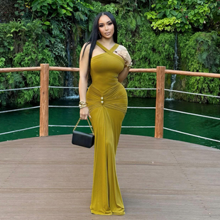 SylCue 欧美轻熟风性感迷人清新绿色吊带连衣裙褶皱百搭包臀长裙