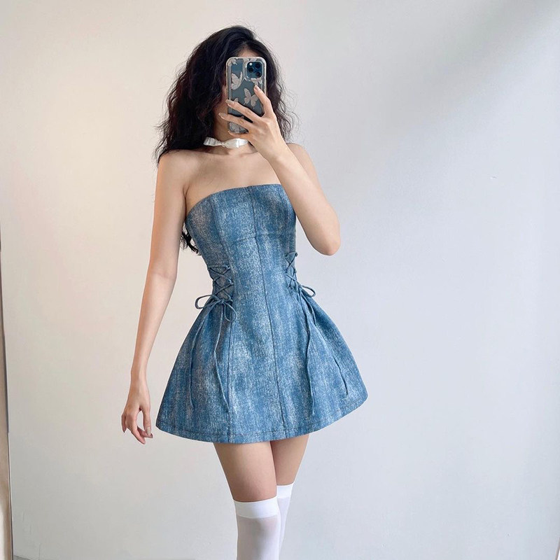 SylCue 纯欲收腰显瘦性感抹胸裙女露背辣妹风修身A型连衣裙子夏季
