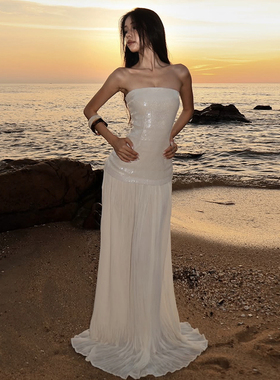 SylCue 仙女纯欲度假风显瘦抹胸连衣裙收腰百搭修身拖地长裙子女