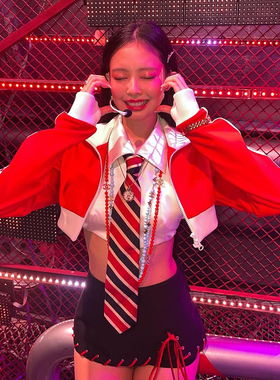 SylCue idol同款红色撞色拼接拉链外套内搭白色衬衫半身裙三件套