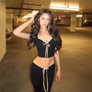 套装 t恤女高腰百搭休闲长裤 辣妹风蝴蝶结系带气质方领短袖 SylCue