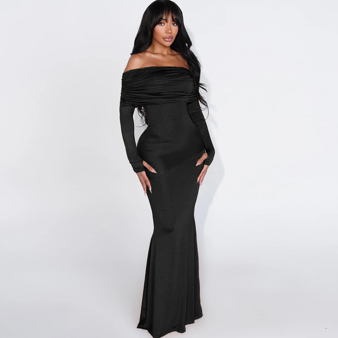 一字肩长袖连衣裙收腰百搭包臀裙