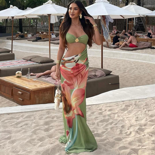 SylCue 显瘦吊带连衣裙百搭性感长裙 欧美辣妹度假风镂空印花修身