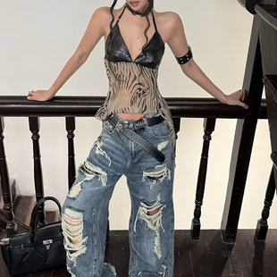 SylCue 千禧朋克风撞色拼接虎纹印花深V挂脖上衣不规则辣妹背心潮