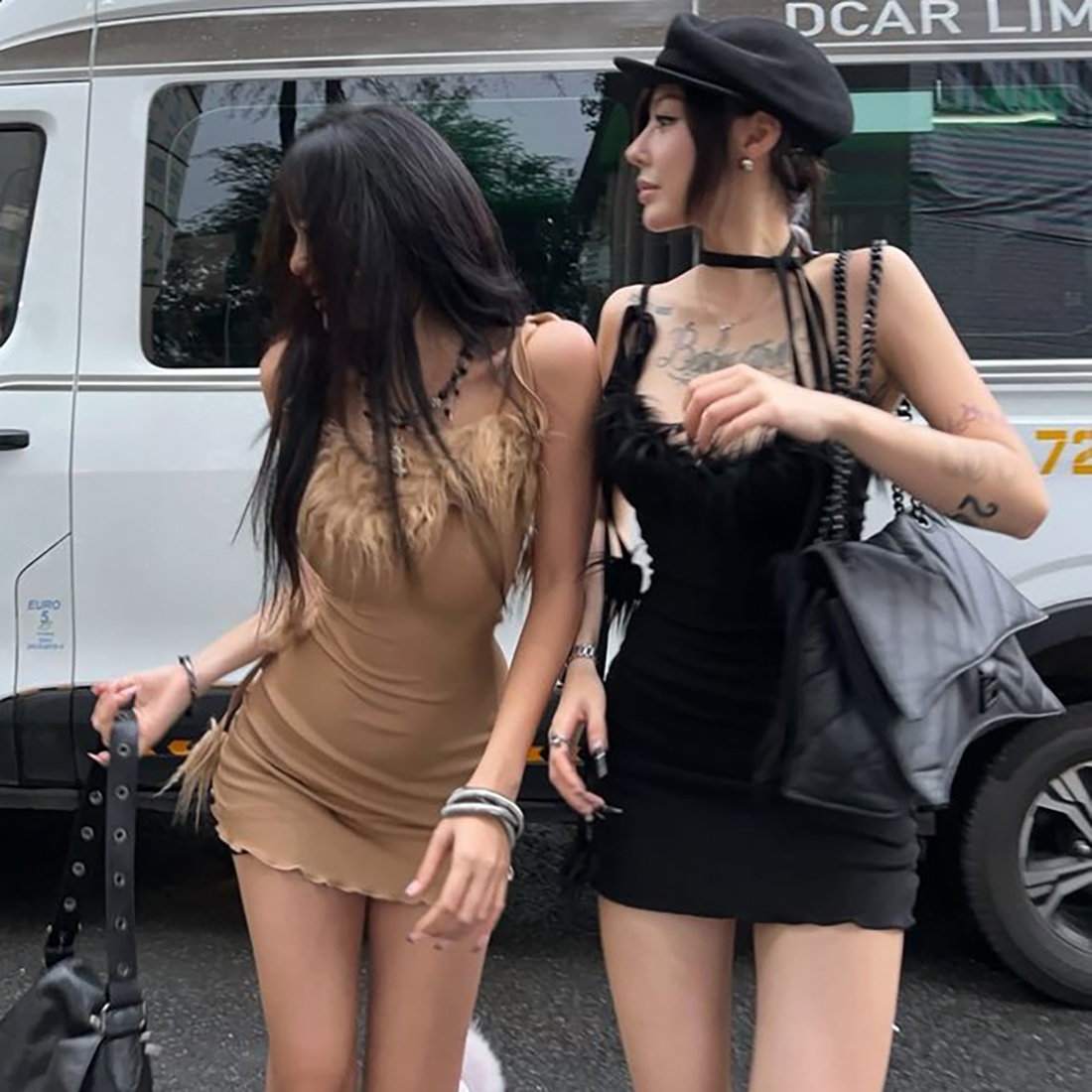 毛毛显瘦吊带连衣裙闺蜜包臀裙