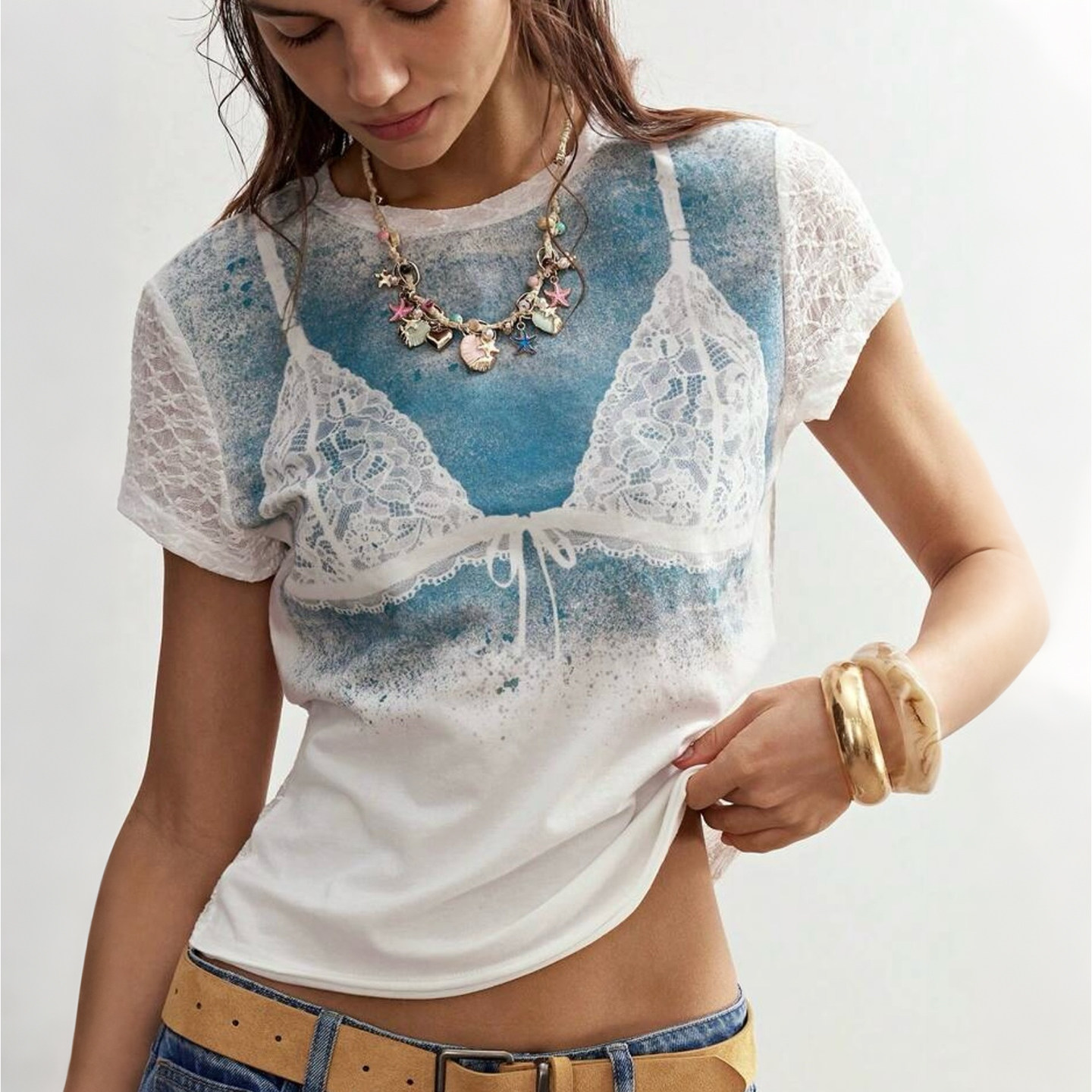 SylCue 小众设计师款复古个性印花短袖T恤女休闲显瘦百搭辣妹上衣