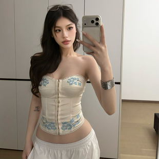 SylCue 国风清冷感江南印花排扣设计抹胸上衣女收腰显瘦辣妹背心