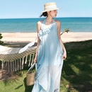 SylCue仙女度假风立体花饰显瘦飘逸挂脖连衣裙开叉百搭不规则长裙