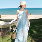 SylCue仙女度假风立体花饰显瘦飘逸挂脖连衣裙开叉百搭不规则长裙