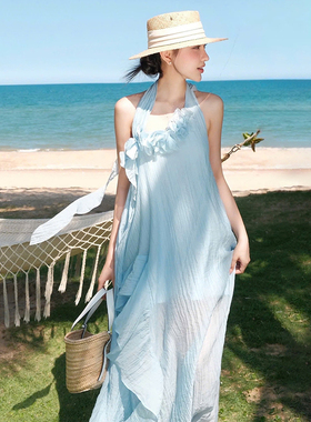SylCue仙女度假风立体花饰显瘦飘逸挂脖连衣裙开叉百搭不规则长裙