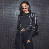 SylCue欧美风纯色长袖 半高领连体衣女字母印花镂空修身 T恤ins上衣