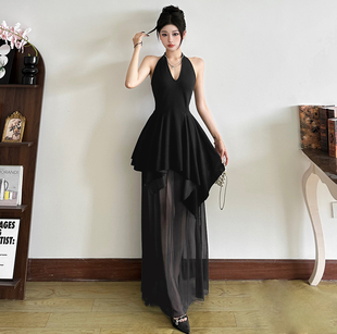 SylCue 性感辣妹风暗黑魔女网纱拼接挂脖连衣裙掐腰显瘦百搭长裙