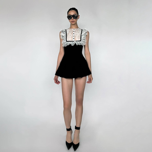 A字短裙 连衣裙掐腰百搭时尚 SylCue 冷艳性感女神蕾丝拼接显瘦无袖