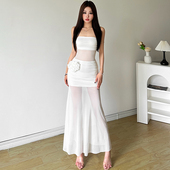 SylCue 度假风仙气飘飘网纱透视抹胸连衣裙立体花朵修身 收腰长裙