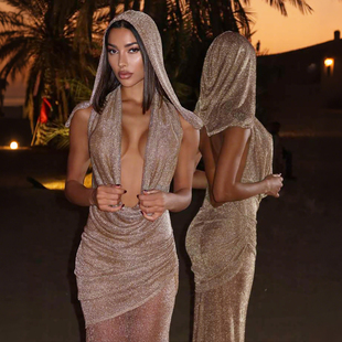 SylCue 连衣裙亮闪闪褶皱包臀长裙 沙漠荒丘废土风设计感连帽无袖