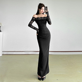 一字肩长袖 SylCue 性感辣妹风蕾丝拼接修身 连衣裙收腰显瘦包臀裙