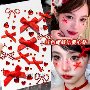 新年脸部配饰脸贴红色应援妆容丝带蝴蝶结贴纸面部爱心圣诞贴饰品
