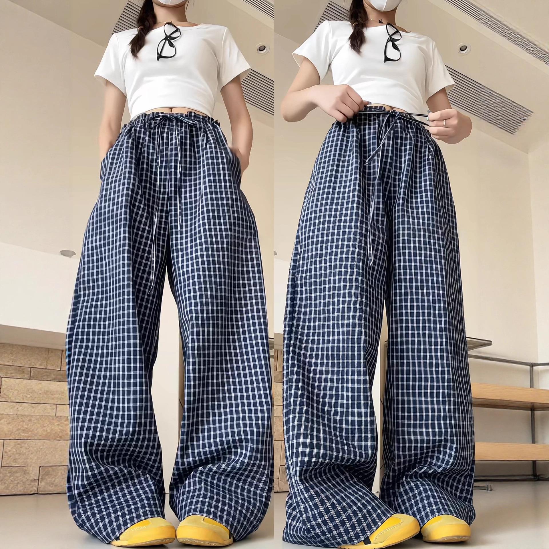 维多利亚蓝色木耳边格子裤女秋季2025新款高腰宽松显瘦休闲百搭慵