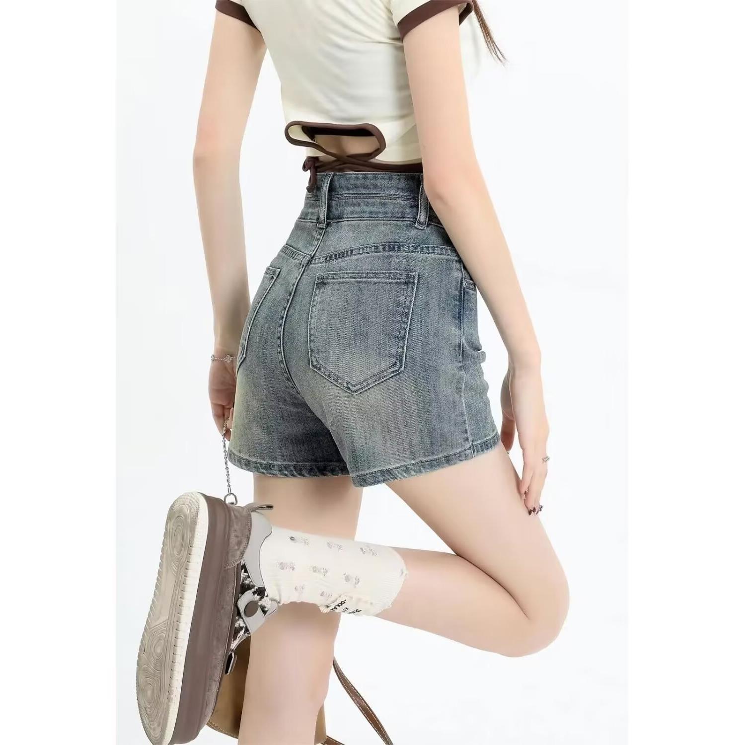 维多利亚弹力牛仔裤高腰显瘦牛仔裤子紧身短裤直筒阔腿热裤女夏季