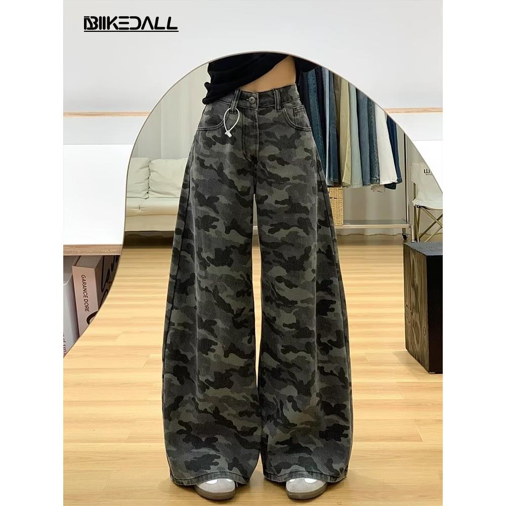 维多利亚美式高街迷彩阔腿工装裤女冬季宽松直筒显瘦百搭拖地牛仔