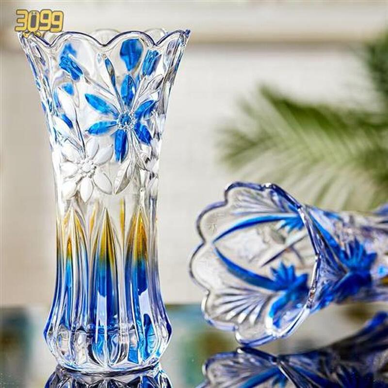 新款插花水培富贵竹玻璃瓶子彩绘摆设色创意直筒花边客厅花瓶透明