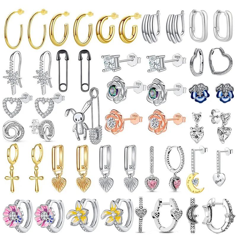 Silver Heart Rose Flower Crucifix Earrings Circle Zircon Rab