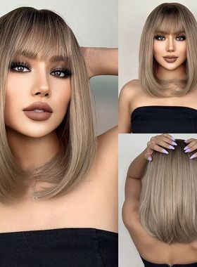 Short Straight Bob Wigs with Bangs Golden Brown Natural Synt