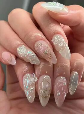 24Pcs Pink Almond False Nails Butterfly Ballet with French D