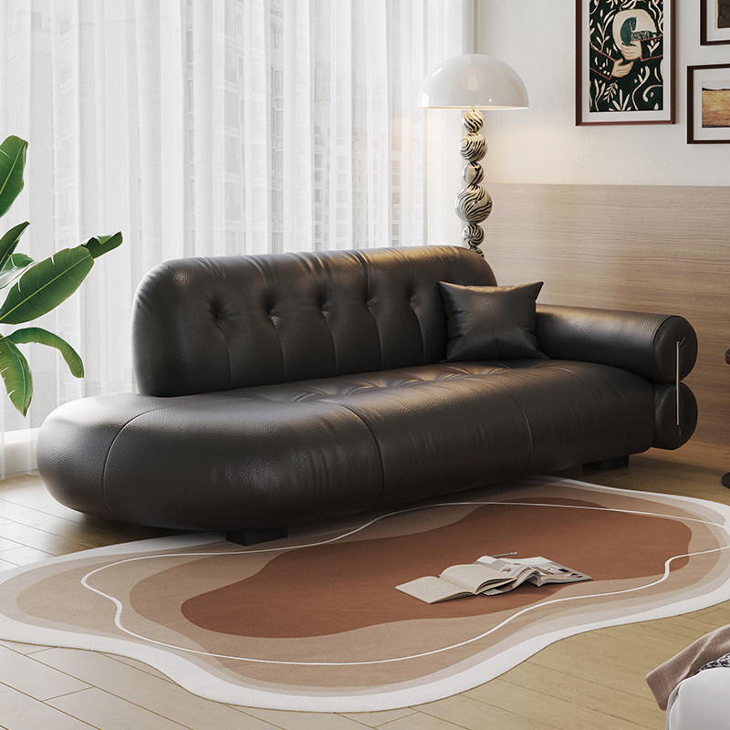 2025新款意式轻奢黑糖皮艺贵妃覆古客厅阳台单人贵妃榻真皮沙发椅