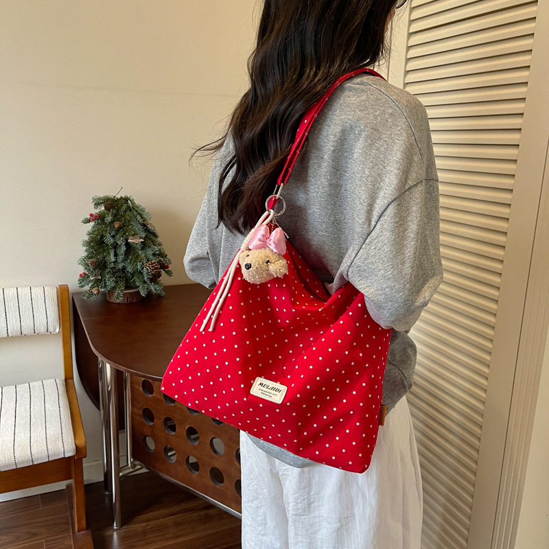 韩版小众波点帆布包女新款夏季休闲简约托特包百搭通勤单肩包气质