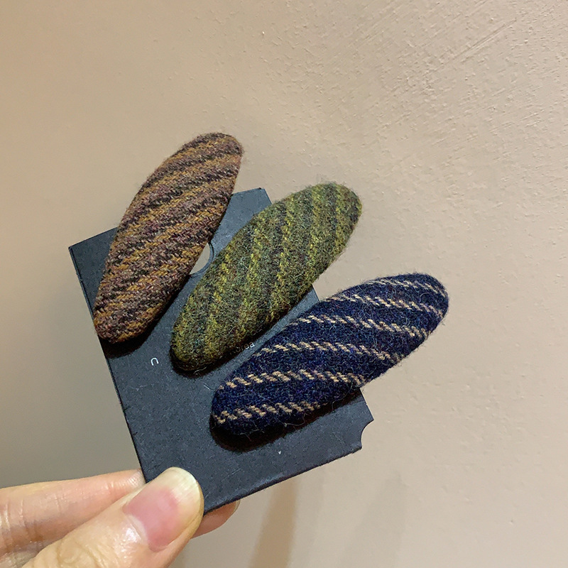 秋冬新款文艺复古简约斜纹呢料椭圆BB夹发夹百搭侧边夹刘海夹发饰